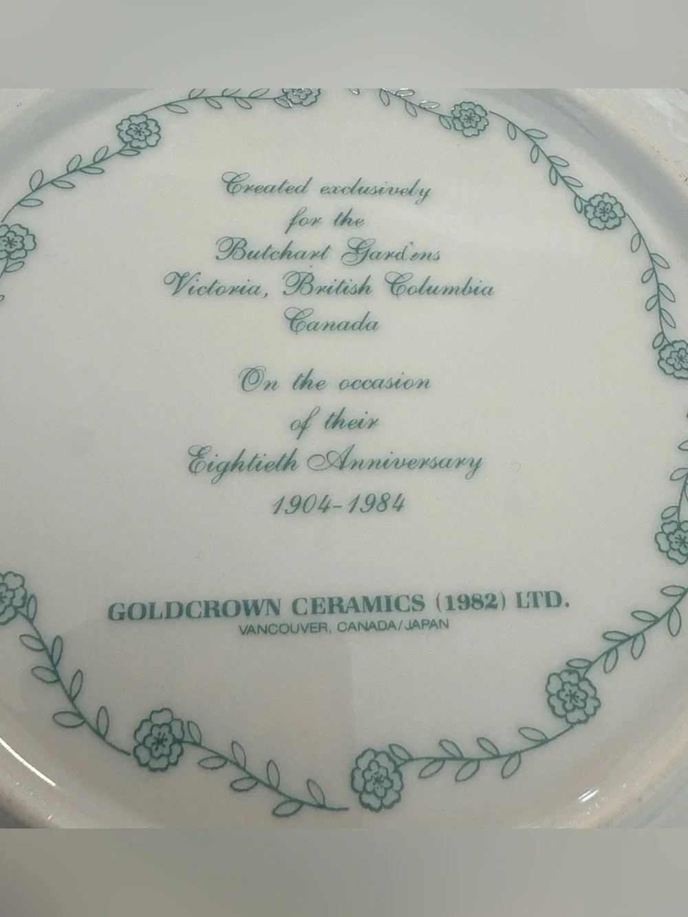 Butchart Garden Victoria British Columbia Canada 80 Anniversary 1904-1984 Plate